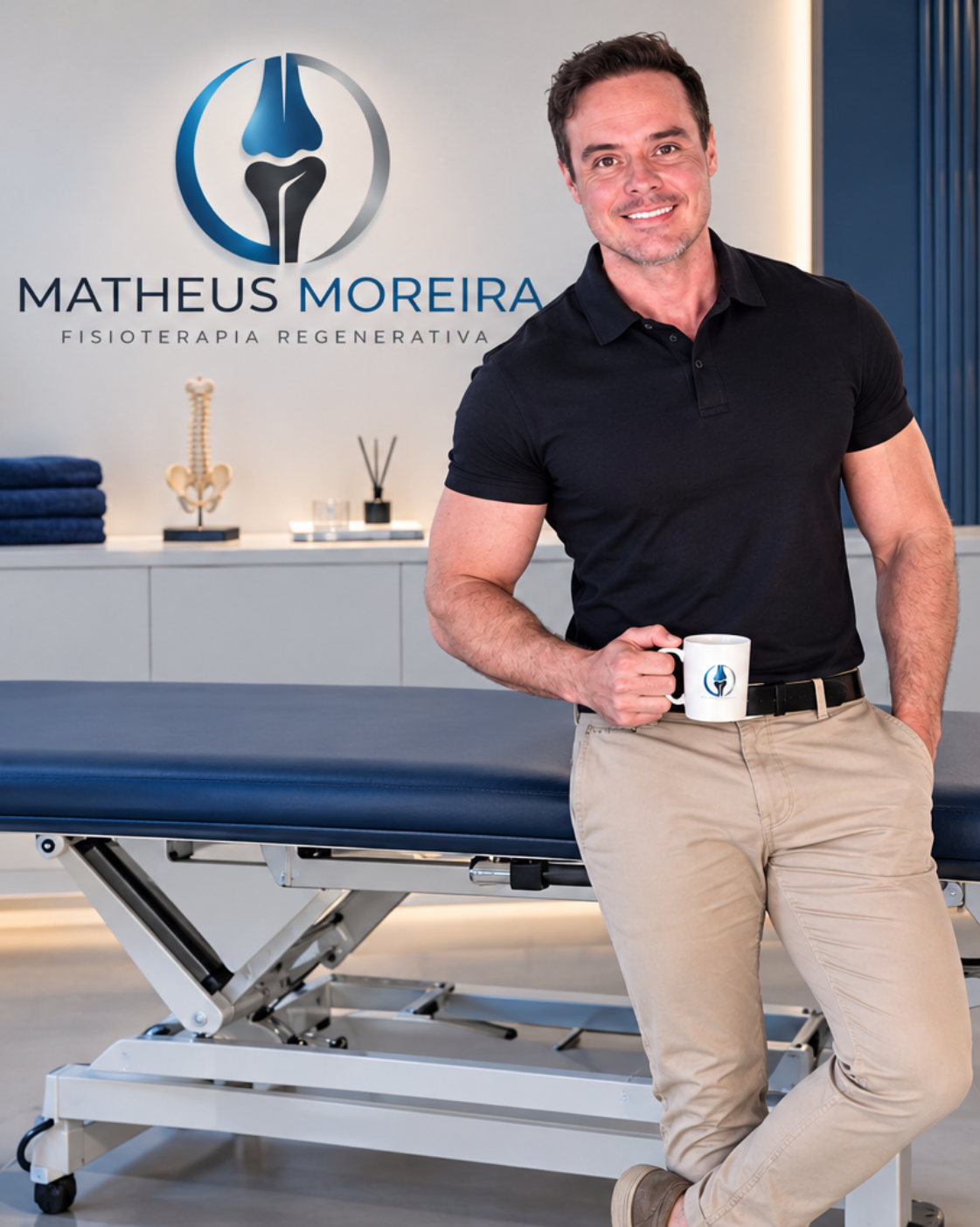 Dr. Matheus Moreira no consultório, ao lado da maca e do aparelho de ultrassom